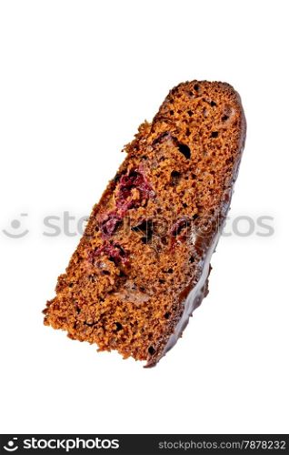 Piece of chocolate cake with cherry isolated on a white background