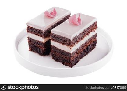 piece of chocolate cake with pink cream
