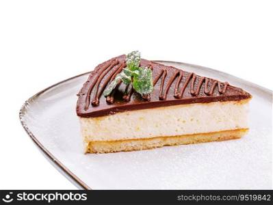 Piece of chocolate cheesecake decorated mint on plate