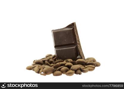 piece of chocolate coffee beans isolated on white