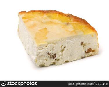 Piece of curd curd cheese pie with raisins isolated on white