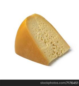 Piece of Dutch Stolwijker cheese with holes isolated on white background