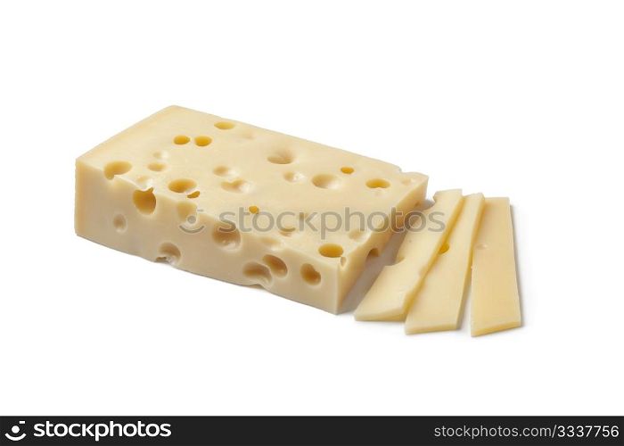 Piece of Emmentaler cheese and slices on white background