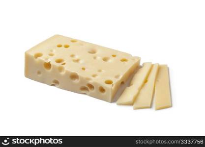 Piece of Emmentaler cheese and slices on white background