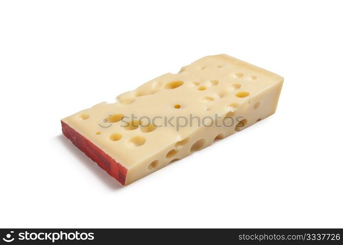 Piece of Emmentaler cheese on white background