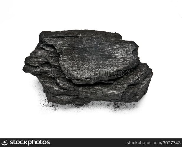 Piece of fractured wood coal isolated over white background. with clipping path