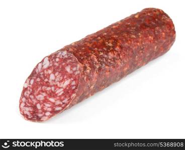 Piece of fresh dry smoked sausage isolated on white