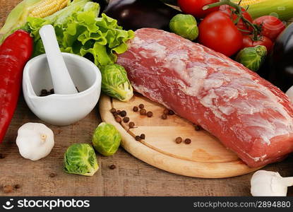 piece of fresh raw meat on cutting board