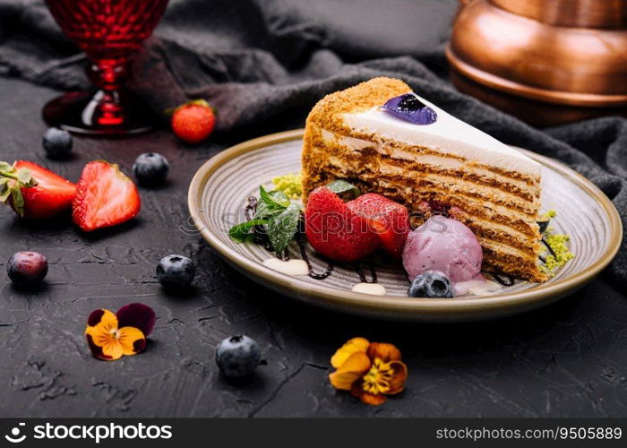 piece of multi-layered cake decorated with mixed berries