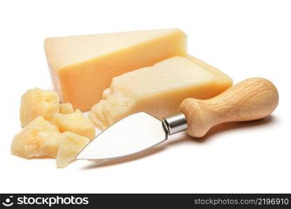 Piece of parmesan cheese isolated on white background. Piece of parmesan cheese on white background