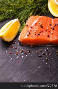 Piece of salmon with spices and lemon. Copy space. Piece of salmon