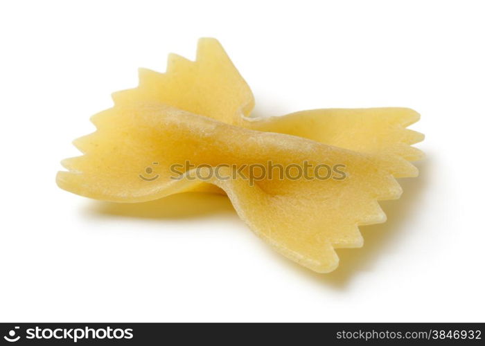 Piece of traditional Italian farfalle close up on white background