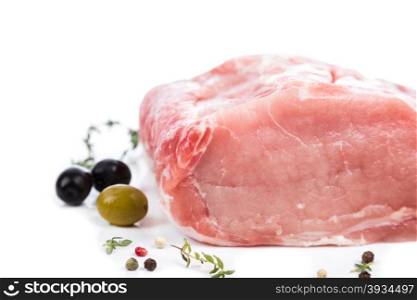 piece raw meat from on side on white background. for advertising, banner or print