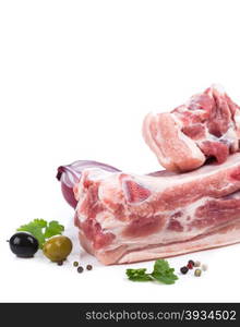 piece raw meat with bone from on side on white background. for advertising, banner or print