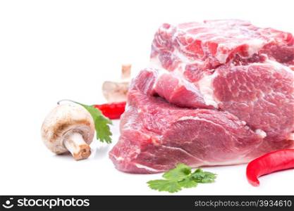 piece raw meat with bone from on side on white background. for advertising, banner or print
