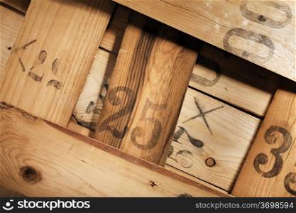 Pieces of an old wooden crate with numbers.