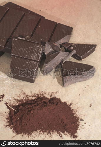 Pieces of cocoa butter and chocolate bar. Bulgaria