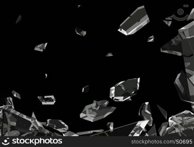 Pieces of demolished or Shattered glass isolated on black