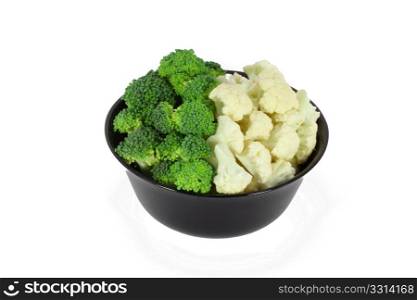 Pieces of fresh broccoli and cauliflower in a black bowl isolated on white