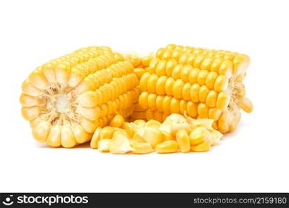 Pieces of Fresh organic corn cob and seeds isolated on white background.. Pieces of Fresh organic corn cob and seeds isolated on white background