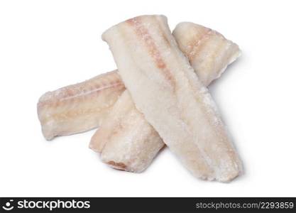 Pieces of frozen pollock fish isolated on white background