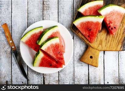 Pieces of juicy, ripe watermelon on white plate
