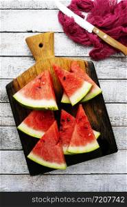 Pieces of juicy, ripe watermelon on white plate