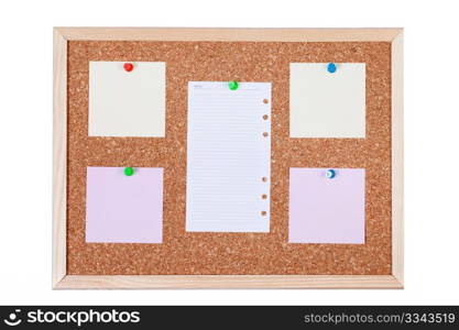 Pieces of note paper on a cork bulletin board, isolated on white background.