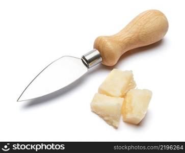 pieces of Parmesan cheese and knife isolated on white background. pieces of Parmesan cheese and knife on white background