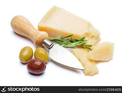 pieces of Parmesan cheese and knife isolated on white background. pieces of Parmesan cheese and knife on white background