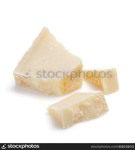 pieces of parmesan cheese isolated on white background