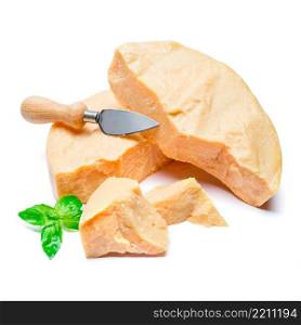 pieces of parmesan or parmigiano hard cheese isolated on white background. pieces of parmesan or parmigiano cheese