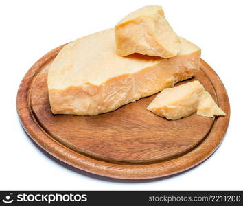 pieces of parmesan or parmigiano hard cheese isolated on white background. pieces of parmesan or parmigiano cheese