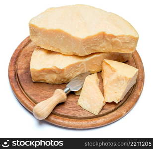 pieces of parmesan or parmigiano hard cheese isolated on white background. pieces of parmesan or parmigiano cheese