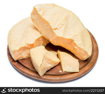 pieces of parmesan or parmigiano hard cheese isolated on white background. pieces of parmesan or parmigiano cheese