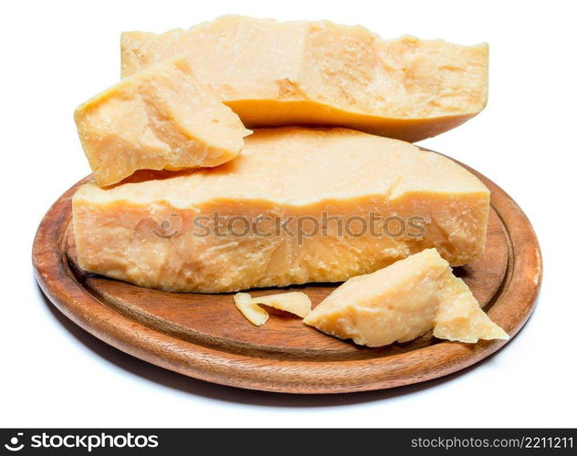 pieces of parmesan or parmigiano hard cheese isolated on white background. pieces of parmesan or parmigiano cheese