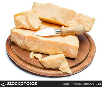 pieces of parmesan or parmigiano hard cheese isolated on white background. pieces of parmesan or parmigiano cheese