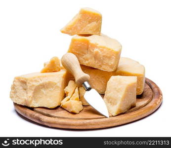 pieces of parmesan or parmigiano hard cheese isolated on white background. pieces of parmesan or parmigiano cheese