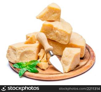 pieces of parmesan or parmigiano hard cheese isolated on white background. pieces of parmesan or parmigiano cheese