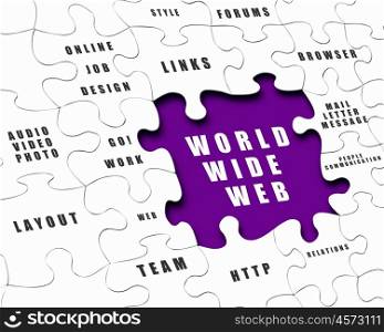pieces of puzzle with Internet words on it