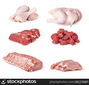 Pieces of raw chicken, beef and pork meat isolated on white