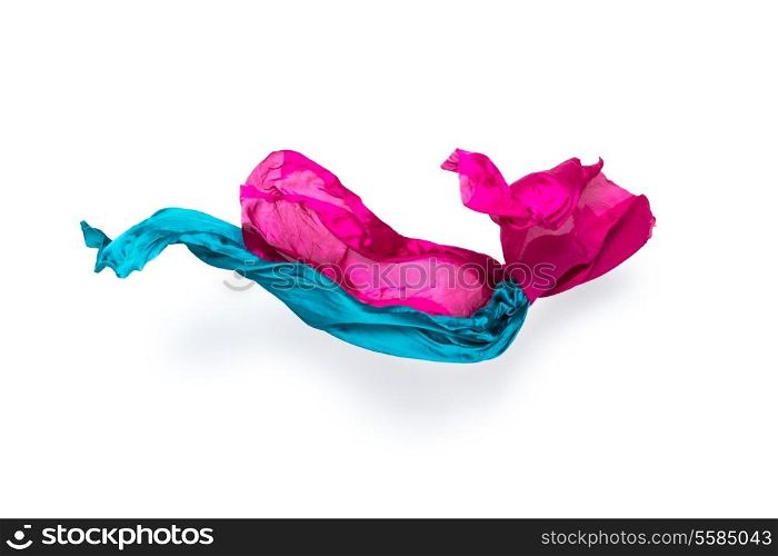 pieces of red and blue fabric flying, high-speed studio shot