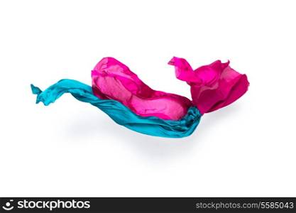 pieces of red and blue fabric flying, high-speed studio shot