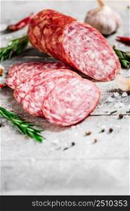 Pieces of salami sausage with spices, rosemary and chili peppers. On a gray background. High quality photo. Pieces of salami sausage with spices, rosemary and chili peppers.
