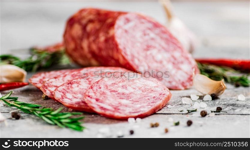 Pieces of salami sausage with spices, rosemary and chili peppers. On a gray background. High quality photo. Pieces of salami sausage with spices, rosemary and chili peppers.