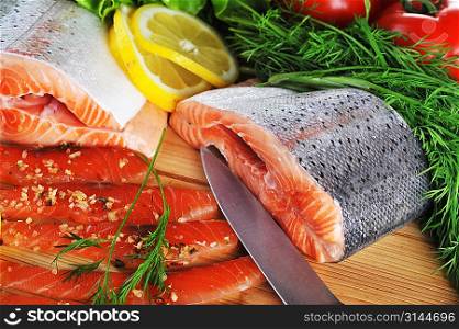 pieces of salmon with spice,lemon and lettuce