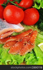 pieces of salmon with spice on wooden plate