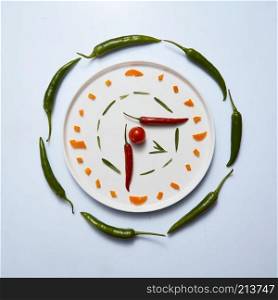 Pieces of sweet pepper, green chili pepper, sprigs of rosemary and tomato on a white plate in a modern composition in the form of a clock on a white background. Top view. Creative pattern of vegetables - chili peppers, paprika, tomato in the form of a clock on a white plate on a white background. Flat lay