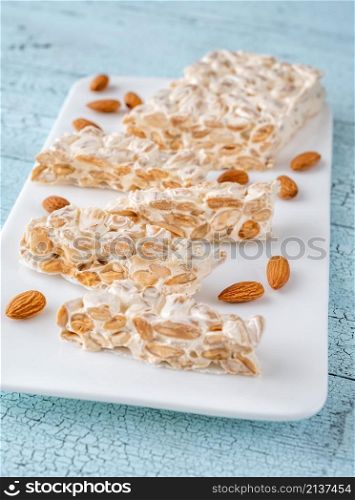 Pieces of turron European nougat confection with almond