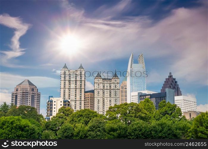 Piedmont Park in Downtown Atlanta city in USA at sunset